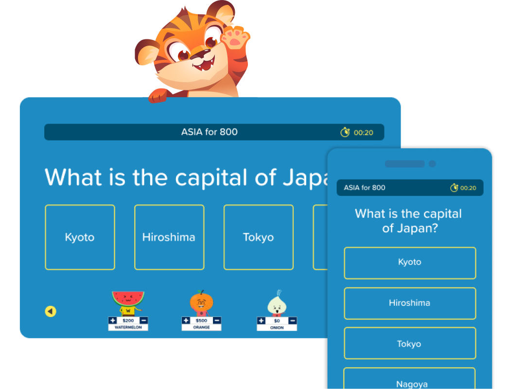 A Jeopardy game is being played in Choice Mode on a laptop as well as a mobile phone, showcasing that Factile is compatible with different devices.