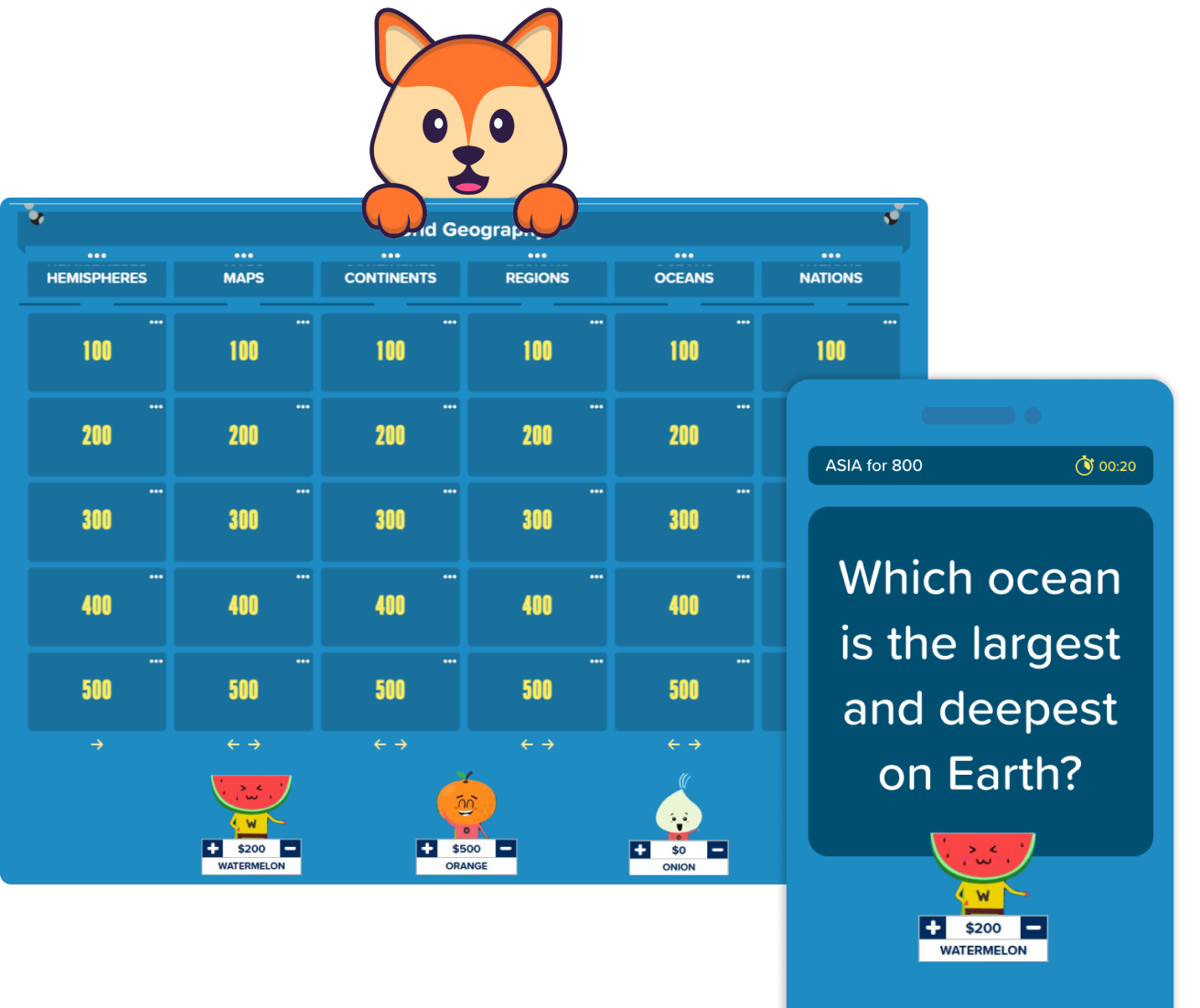 A Jeopardy game is being played in Factile Mode on a laptop as well as a mobile phone, showcasing that Factile is compatible with different devices.